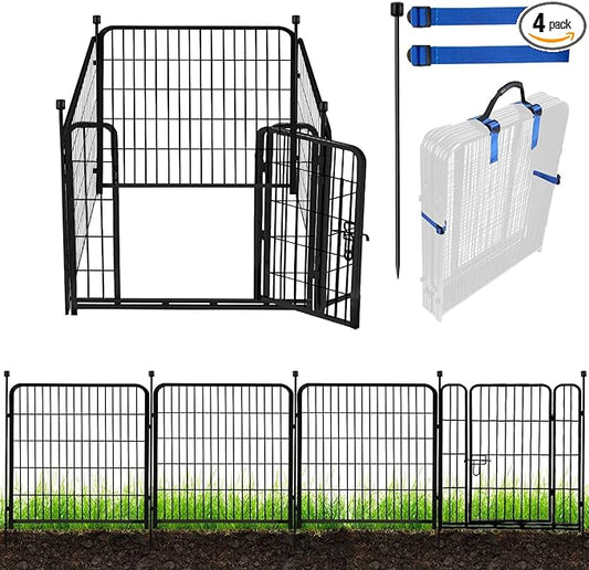 ADAVIN Tall Garden Fence with Gate,40 in(H) 4 Panels Animal Barrier Fence, Black Heavy Duty Iron Metal Fencing Border, Indoor or Outdoor Dog Playpen, No Dig RV Fencing for Yard. Total 8.9 FT(L)