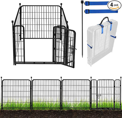 ADAVIN Tall Garden Fence with Gate, 36 in(H) 4 Panels Heavy Duty Iron Metal Animal Barrier Fence, Fence Blocker for Dogs, Portable Temporary Fencing. Total 9 Ft(L). Black