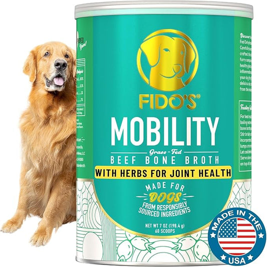 Fido's Mobility Bone Broth for Dogs - Grass-Fed Beef Bone Broth Powder & Organic Herbs - Joint Supplement for Dogs - Dog Food Topper for Dry Food - 60 Scoops