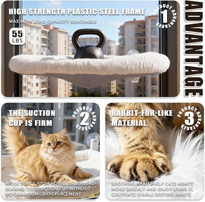 Cat Window Perch with Strong Suction Cups, 55lbs Hold Weight Tested, Foldable Cat Window Hammock Bed with Breathable Mesh, All-Season Lounger for Medium Small Cats to Bird Watch & Sunbathe (White, XL)