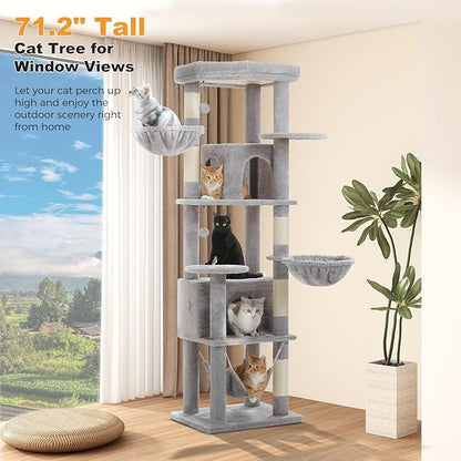 71.2" Tall Cat Tree for Indoor Cats - 9-Level Multi-Cat Tower w/5 Sisal Scratching Posts, 2 Condos, 3 Hammocks, Perch & Pom Poms - Heavy-Duty for Adult Cats, Space-Saving Plush Gray