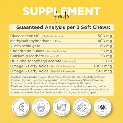 PetJoy Mobility Chews for Dog Arthritis Pain Relief - Hip and Joint Supplement for Dogs Senior and Large Breeds Glucosamine Chondroitin Joint Health Support (60 Chewable Bacon Treats)