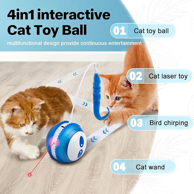 Pet Prime Interactive Cat Toy Motion Activated Cat Laser Toy Automatic Self Moving Ball with Bird Chirping,Rechargeable Exercise Stimulation Toys for Bored Blue