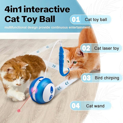Pet Prime Interactive Cat Toy Motion Activated Cat Laser Toy Automatic Self Moving Ball with Bird Chirping,Rechargeable Exercise Stimulation Toys for Bored Blue