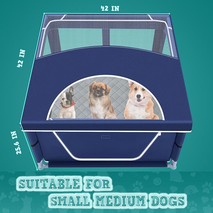 42x42 Inches Puppy Playpen with Cover&Dog Pads, Dog Playpen for Puppies or Small Dogs, Pet Playpen for Indoor & Outdoor, Sturdy Safety Dog Pen with Thickened Fabric