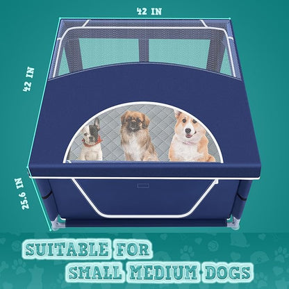 42x42 Inches Puppy Playpen with Cover&Dog Pads, Dog Playpen for Puppies or Small Dogs, Pet Playpen for Indoor & Outdoor, Sturdy Safety Dog Pen with Thickened Fabric