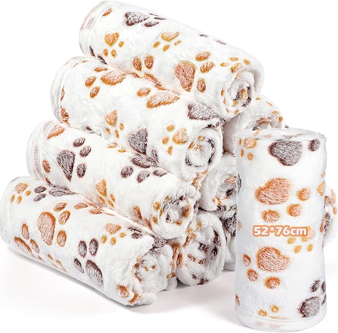 Tegeme 12 Pieces Pet Blanket Soft Fleece Dog Fluffy Doggie Warm Felt Throw Spring Cute Paw Print Puppy Kitten Sleep Mat Bed Covers for Cat(30 x 20 Inch,White)