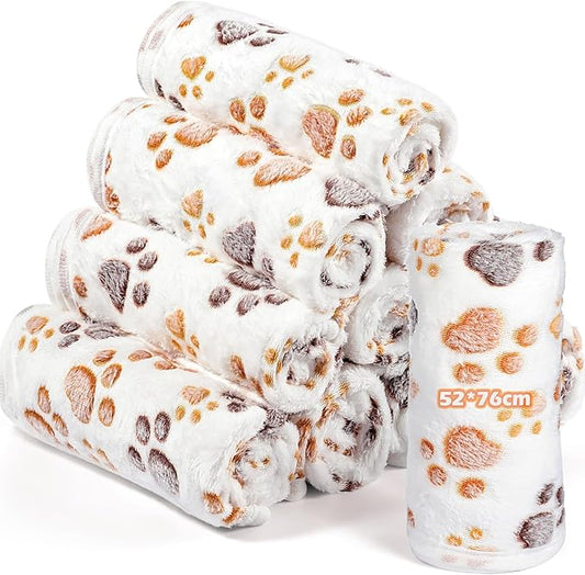 Tegeme 12 Pieces Pet Blanket Soft Fleece Dog Fluffy Doggie Warm Felt Throw Spring Cute Paw Print Puppy Kitten Sleep Mat Bed Covers for Cat(30 x 20 Inch,White)