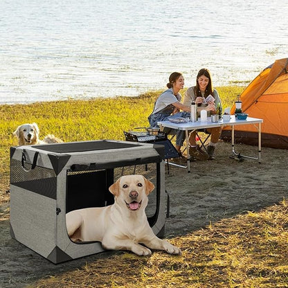 36 Inch Portable Travel Dog Crate, 3 Door Collapsible Soft Pet Kennel with Durable Mesh Windows for Medium Dogs, Foldable Dog Cage with Storage Pocket for Outdoor (Light Grey)