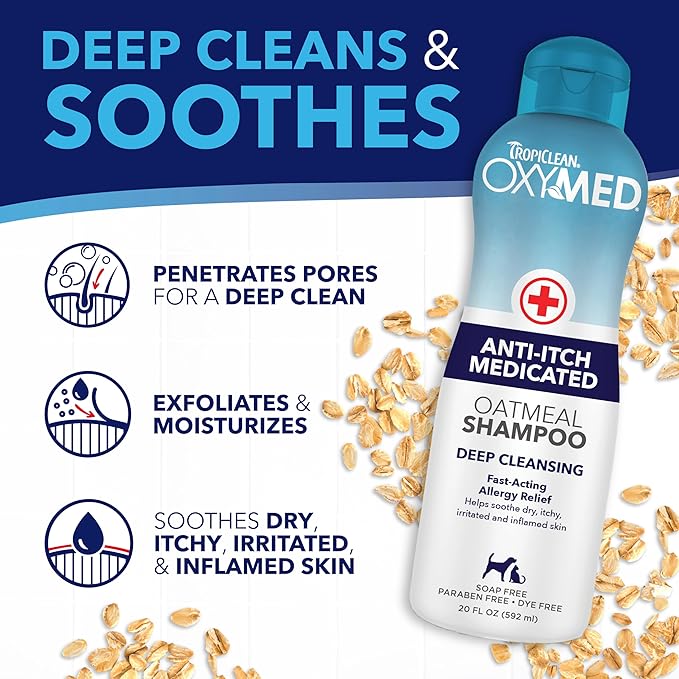 TropiClean Oxymed Cat & Dog Medicated Shampoo for Itchy Skin and Oxymed Medicated Itch Relief Spray Set, Skin Soothing Oatmeal Shampoo for Dogs & Cats | Set of 2
