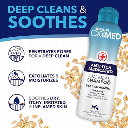 TropiClean Oxymed Cat & Dog Medicated Shampoo for Itchy Skin and Oxymed Medicated Itch Relief Spray Set, Skin Soothing Oatmeal Shampoo for Dogs & Cats | Set of 2