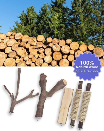 Bissap 5PCS Large Bird Perch Stand, Natural Wood Pole Standing Paw Grinding Fork Parrot Cage Branch with Rope for Macaw African Grey Amazon Pet Medium Large Birds Cage Accessories