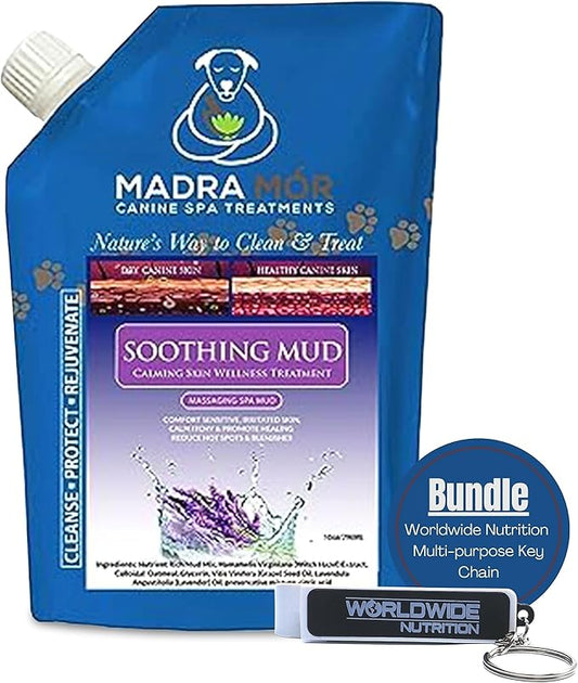 Worldwide Nutrition Bundle: Madra Mor Soothing Mud - Dog Essentials Mud Bath, Dog Grooming, Dry Skin for Dogs Treatment, Dog Coat Skin Care Products - 10oz Pouch & Multi-Purpose Key Chain