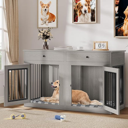 YITAHOME 60" Wooden Dog Crate Furniture with Removable Divider & Storage Drawers, Double Door Kennel with Locks for Medium and Large Dogs, Multi-Functional Dog Crate End Table for Indoor use, Grey