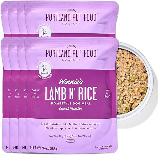 Portland Pet Food Company Winnie's Lamb N' Rice Fresh Dog Food Pouches, Wet Pet Meal Topper Mixers & Meals - Large & Small Dogs, Puppy to Seniors - Human-Grade, Gluten-Free - Made in The USA - 8 Pack