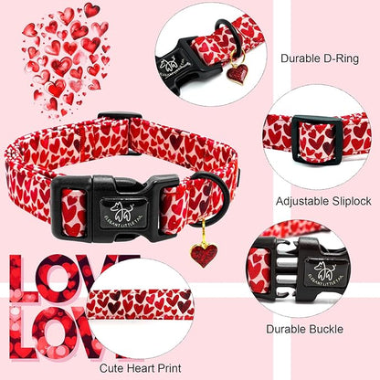 Elegant little tail Valentine's Day Dog Collar-Cute Red Heart Dog Collar for Medium Dogs, Female or Male Adjustable Cotton Pet Collar with Quick Release Buckle for Small Medium Large Dogs