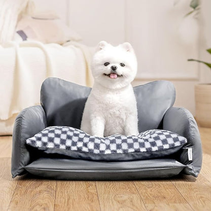 BurgeonNest Cat Couch Bed & Dog Sofa Bed for Small Dogs & Cats up to 15lbs, Double Layer Cushion Extra Comfort, Leather & Plush Material Scatch-Resistant, Waterproof, Grey