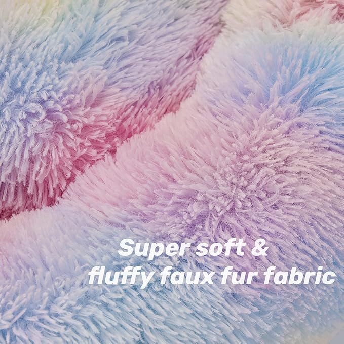 Anti Anxiety Round Fluffy Plush Faux Fur Warm Washable Dog Bed & Cat Bed, Original Bed for Small Medium Large Pets,Used to Relieve Joints and Improve Sleepï¼20"/24"/27''ï¼ (20", Rainbow)