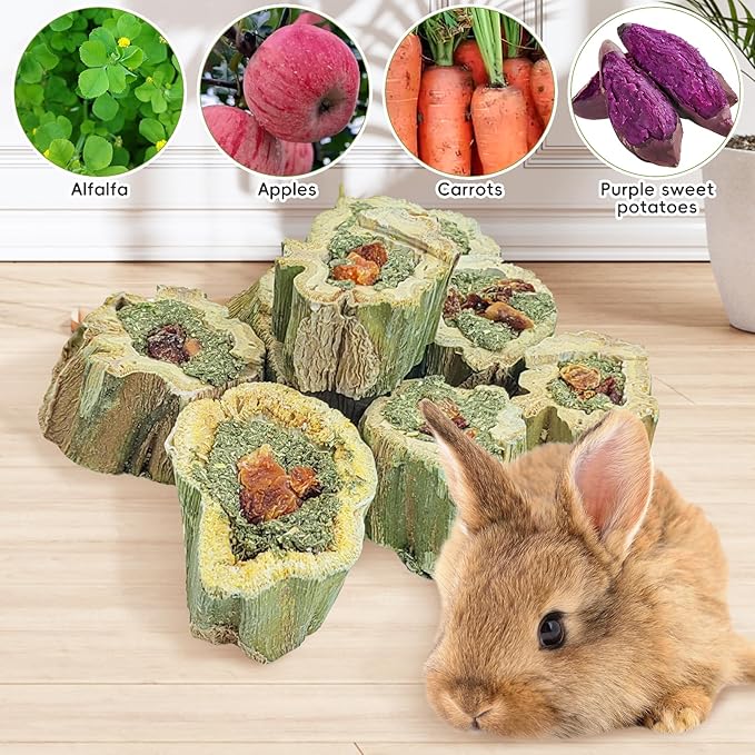 Fhiny Rabbit Chew Toys Natural Papaya Wood Treats Small Pet Molar Snacks Contain Grass Apple Carrot and Purple Sweet Potato Filling for Bunny Hamsters Guinea Pigs Chinchillas Teeth Grinding(0.44 lb)