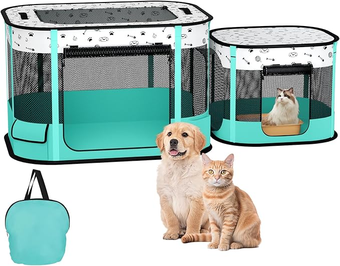 Portable Cat Playpen, 8-Rod Reinforced Kitten Dog Playpens, Foldable Play Pen for Indoor Cats Enclosed Pet Puppy Doggy Outdoor, Collapsible Tent Kennel Cage House(32"x24"x22")