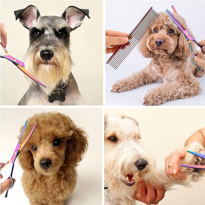 Dog Scissors for Grooming with Safety Blunt Tip, Dog Grooming Scissors Set for Pets, Professional 7 in 1 Shears for Dogs and Cats - 6CR Coated Steel (Rainbow)