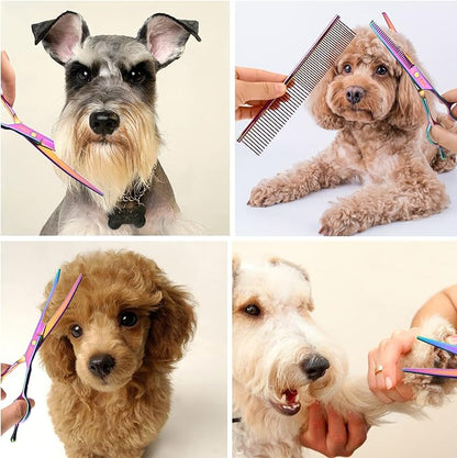 Dog Scissors for Grooming with Safety Blunt Tip, Dog Grooming Scissors Set for Pets, Professional 7 in 1 Shears for Dogs and Cats - 6CR Coated Steel (Rainbow)