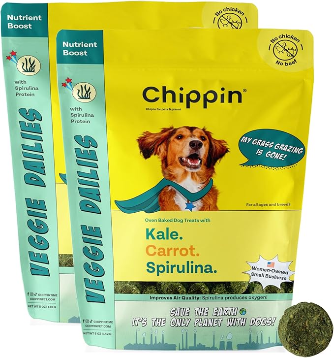 Chippin Plant-Based Spirulina Healthy Supplement & Dog Treat (5oz, 2-Pack) | Stop Grass Eating | Hypoallergenic, Chicken-Free Vegan Protein | Made in USA