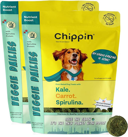 Chippin Plant-Based Spirulina Healthy Supplement & Dog Treat (5oz, 2-Pack) | Stop Grass Eating | Hypoallergenic, Chicken-Free Vegan Protein | Made in USA
