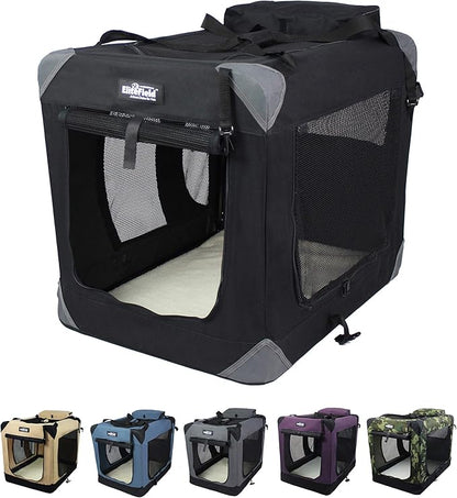 EliteField 3-Door Folding Soft Dog Crate with Carrying Bag and Fleece Bed (2 Year Warranty), Indoor & Outdoor Pet Home (30" L x 21" W x 24" H, Black)
