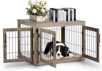 Dog Crate Furniture, 38 inch Large Dog Crates with Bed Mat, Wooden Dog Kennel Furniture, End Side Table Dog Cage with 3 Doors, Greige