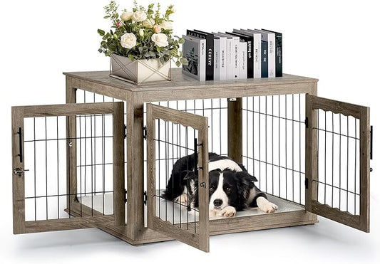 Dog Crate Furniture, 38 inch Large Dog Crates with Bed Mat, Wooden Dog Kennel Furniture, End Side Table Dog Cage with 3 Doors, Greige