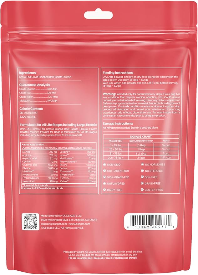 Happy Healthy Muscles Supplement for Dogs - Grass-Fed Beef Protein Powder - Rich in Collagen and Amino Acids - Pure Beef Isolate Protein - All Life Stages - Unflavored & Non-GMO - 10.58 Oz