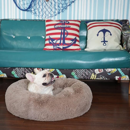 nononfish Puppy Beds for Small Dogs Washable - 23 Inches Round Faux Fur Pet Bed for Puppy and Cat Donut Fluffy Plush Orthopedic Doggy Beds Relief Improved Sleeping,Camel