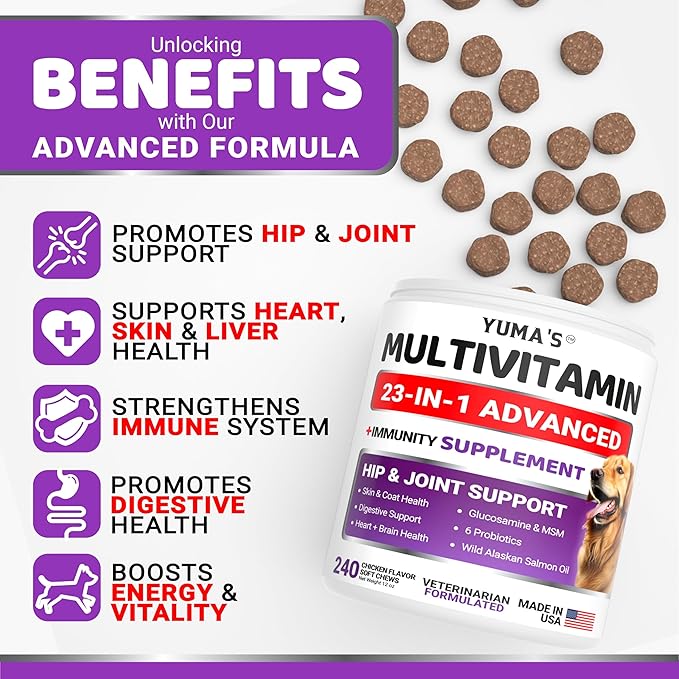 Dog Multivitamin Chewable with Glucosamine - 240 Treats - Dog Vitamins and Supplements - Senior & Puppy Multivitamin for Dogs - Hip & Joint Support - Immune Health, Skin, Heart, Digestion, Probiotics