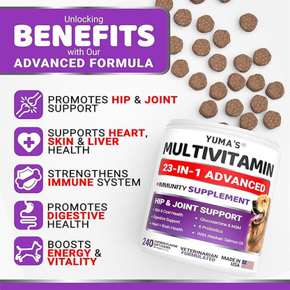 Dog Multivitamin Chewable with Glucosamine - 240 Treats - Dog Vitamins and Supplements - Senior & Puppy Multivitamin for Dogs - Hip & Joint Support - Immune Health, Skin, Heart, Digestion, Probiotics