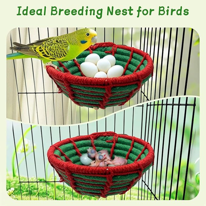 Bird Nest for Cage,Parrot Breeding Nest,Handwoven Cotton Rope Parakeet Bed,Canary Nesting House for Budgie,Finch,Cockatiel,Conure,Lovebird, Small Birds,Red&Green