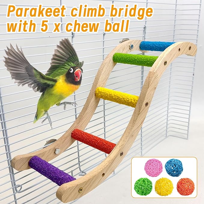 Hamiledyi Nature Wooden Bird Ladder Pet Parrots Climb Bridge Exercise Stands for Parakeet Climbing Chewing Bridge Bird Cage Accessories for Cockatiel Parakeet Lovebirds Budgie