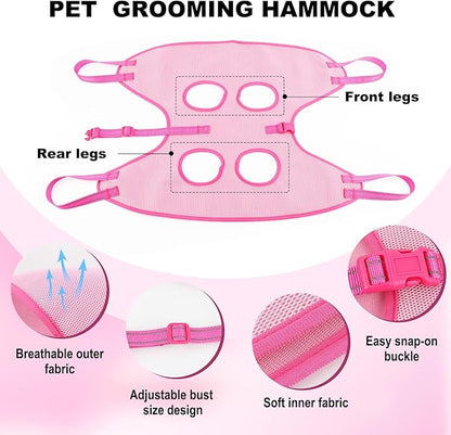 Dog Grooming Hammock, Adjustable Pet Grooming Hammock Restraint for Nail Trimming, Breathable Dog Sling Harness with Nail Clippers& Nail File (Pink, Large)
