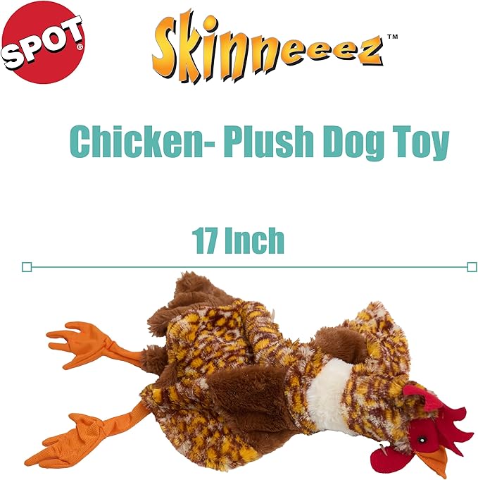 SPOT Skinneeez Chicken 17" Stuffing-Free Plush Dog Toy with Honking Squeaker – Soft, Floppy & Mess-Free Interactive Toy for Medium & Large Dogs – Ideal for Light & Moderate Chewers