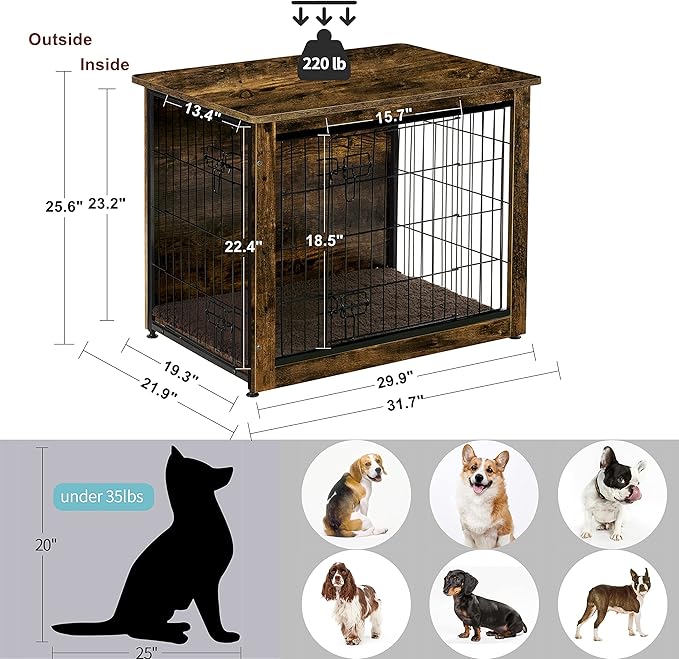 DWANTON Dog Crate Furniture with Cushion, Wooden Kennel Table with Double Doors, Indoor Dog House, Medium Size, 32.5" L, Rustic Brown
