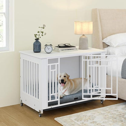 YITAHOME Dog Crate Furniture, 38.2" Heavy Duty Dog Cage, Wooden Side End Table with Wheels, Chew-Resistant Metal Dog Kennel with Removable Tray, Dog House Indoor for Small Medium Dogs, White