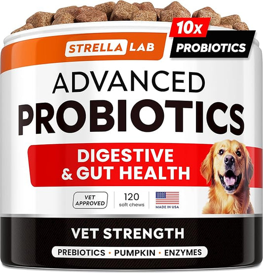 STRELLALAB Vet Strength Dog Probiotics Treats - 1 Billion CFU + Digestive Enzymes + Prebiotics - Chewable Fiber Supplement w/Pumpkin - Allergy, Diarrhea, Gas, Constipation, Upset Stomach Relief