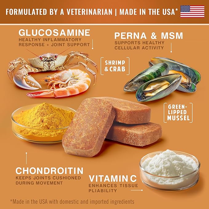 Hip & Joint Mobility Health Supplement. Rich with Natural Glucosamine, MSM and Green Lipped Mussel. Vet Created - For All Dog Breeds & Ages. 160 Duck Flavor Soft Chews. Made in the USA. Enjoy!