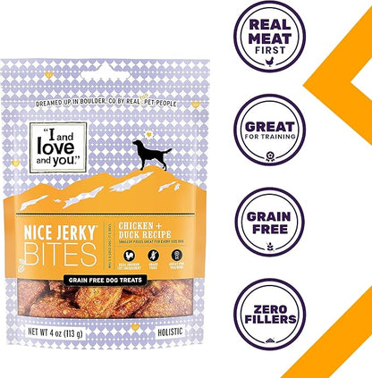 I and love and you Nice Jerky Bites - Chicken + Duck - Grain Free, Real Beef, Training Treat, Chewy Dog Treats, Filler Free, 4oz