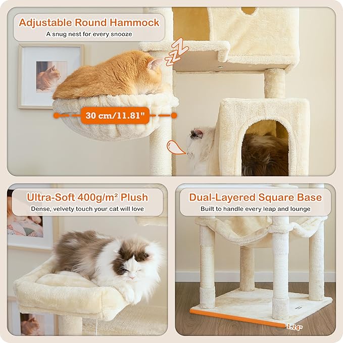 Ouritsu Cat Tree, 73.6 inch Tall Cat Climbing Tower for Large Cat Indoor with 2 Large Condos, 2 Widened Perches, Sisal Covered Scratching Posts, 2 Hammocks, Beige, XLF001WH