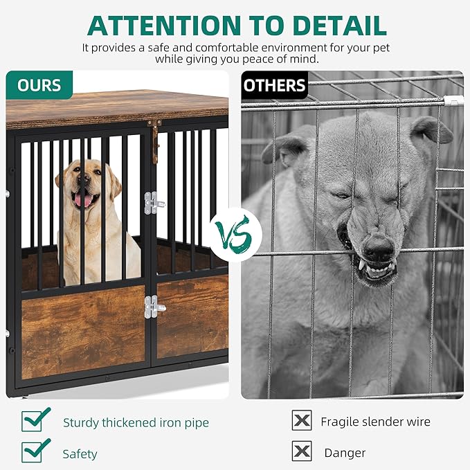 YITAHOME 38" Dog Crate Furniture with Wheels, Heavy Duty Wood Dog Cage Table with Double-Doors Chew-Resistant Wooden Dog Kennel Indoor for Large and Medium Dogs Rustic Brown