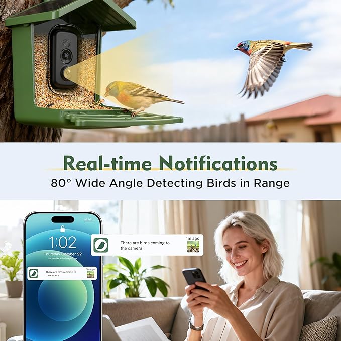 Bird Feeder with Camera, 4K UHD Video & 5G WiFi Live Stream, 32MP with AI Bird ID for 10,000+ Species, 2 Solar Powered, Birdhouse Camera for Outdoor Backyard Birdwatching Gift
