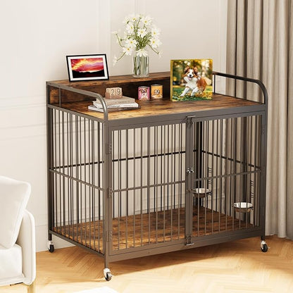 39.8 Inch Dog Crate Furniture, Dog Cages with Adjustable Feeder Height, Ideal for Medium Dogs, Equipped with 360-Degree Swivel Casters for Smooth Mobility, Rustic Brown