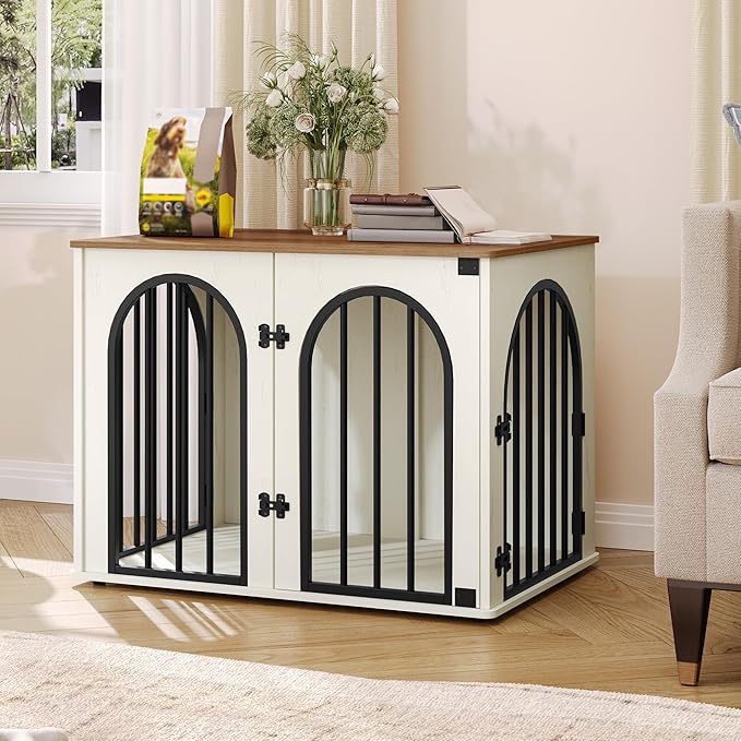 31.5'' Wooden Dog Crate Furniture TV Stand, Indoor Dog Kennel for Small/Medium Dogs, End Side Table Dog Crates, Anti-Chew, Anti-Escape, Arched Door Design, White Brown DFC85114B