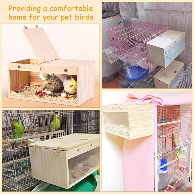 PINVNBY Large Natural Wood Parakeet Nesting Box Budgie Breeding Box Acrylic Bird Nest for Cage Transparent Panoramic for Birds, Parrots, Cockatiels, Lovebirds, Canaries (S: 7.87 x 4.72 x 4.72 inch)